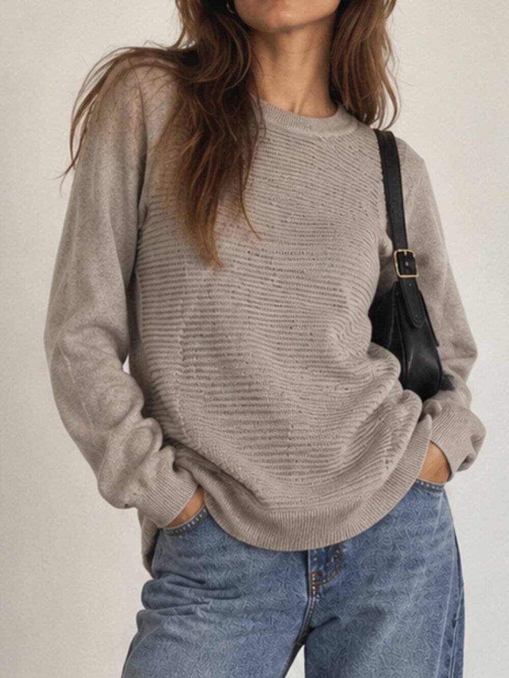 Hilary Radley Womens Textured Ribbed Knit Crewneck Sweater Beige Taupe Size L